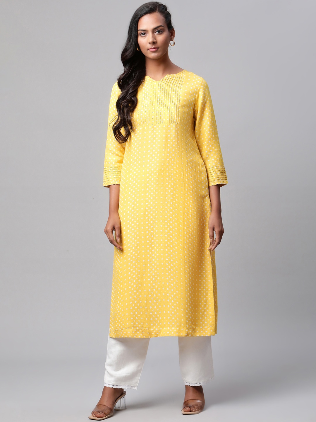 

Linen Club Woman Women Mustard Yellow & White Ethnic Motifs Printed Linen Kurta