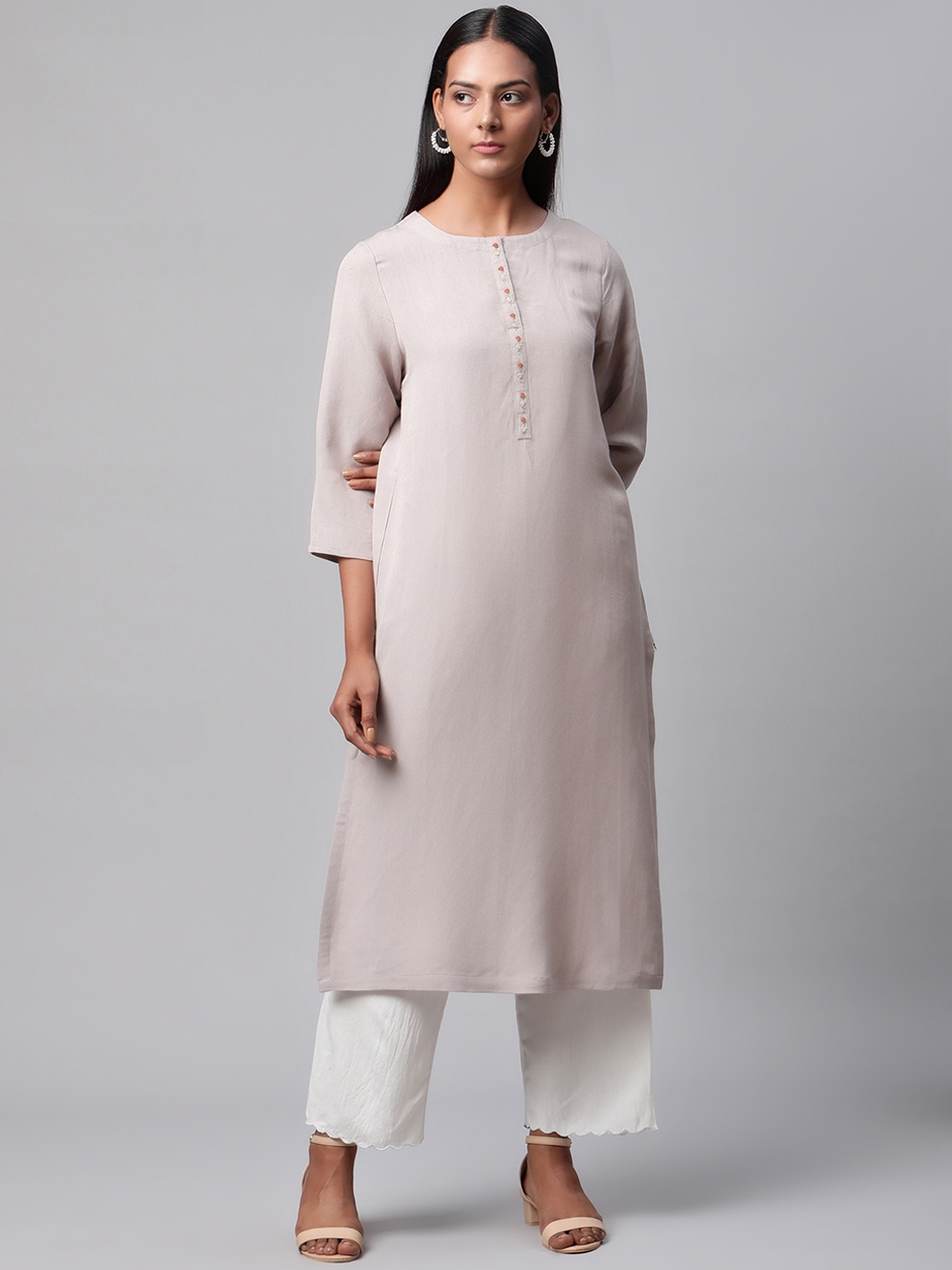 

Linen Club Woman Women Taupe Thread Work Linen Kurta