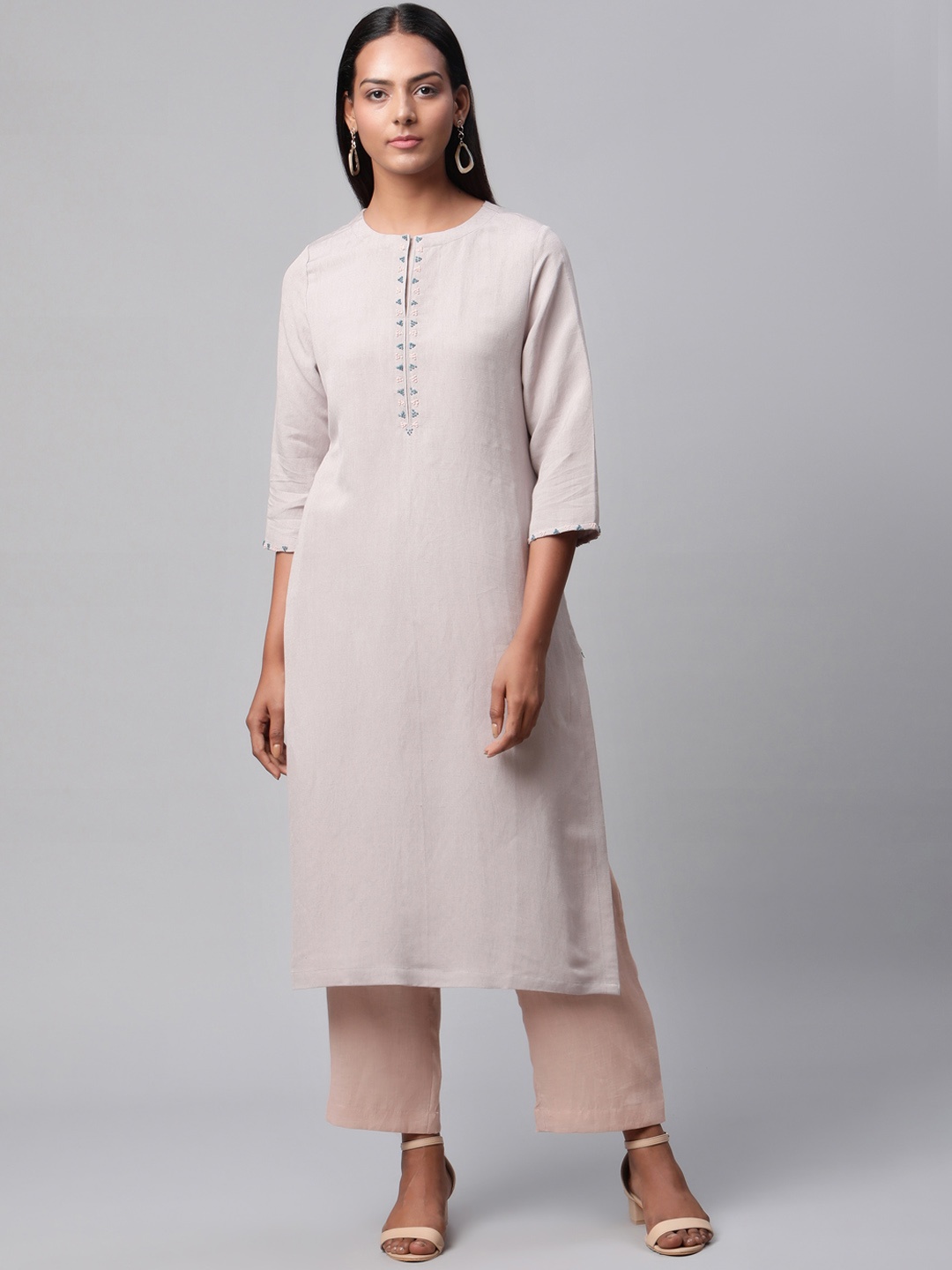 

Linen Club Woman Women Grey Thread Work Linen Kurta