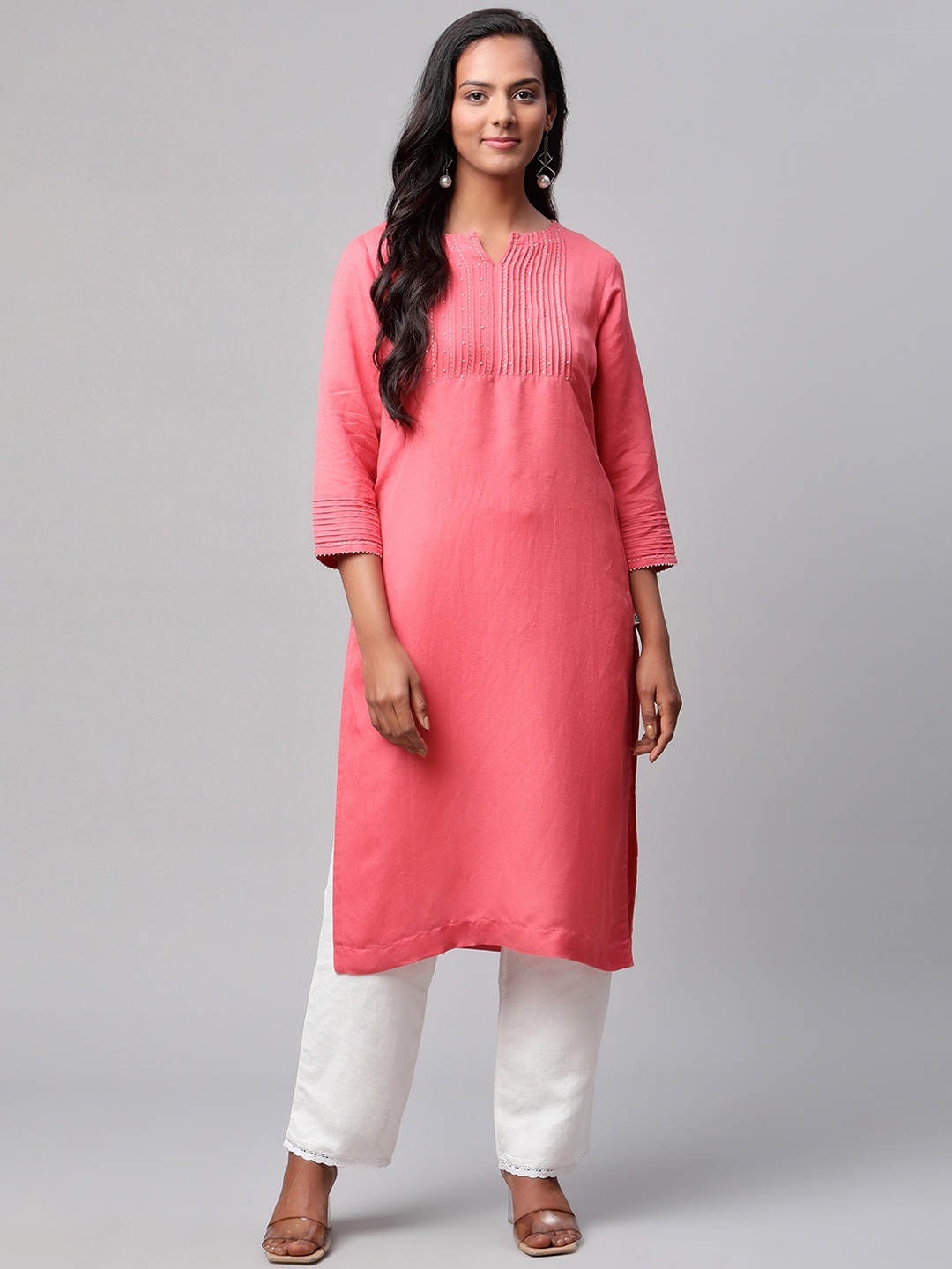 

Linen Club Woman Rapture rose Pink Thread Work Linen Kurta