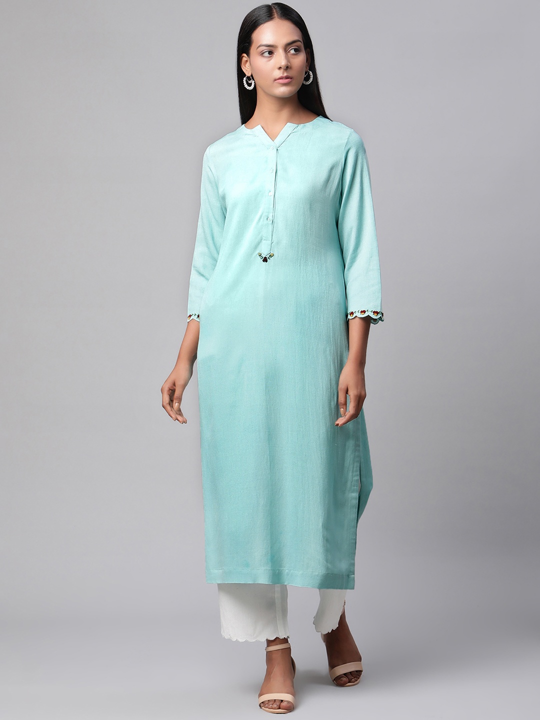 

Linen Club Woman Women Turquoise Blue Thread Work Linen Kurta