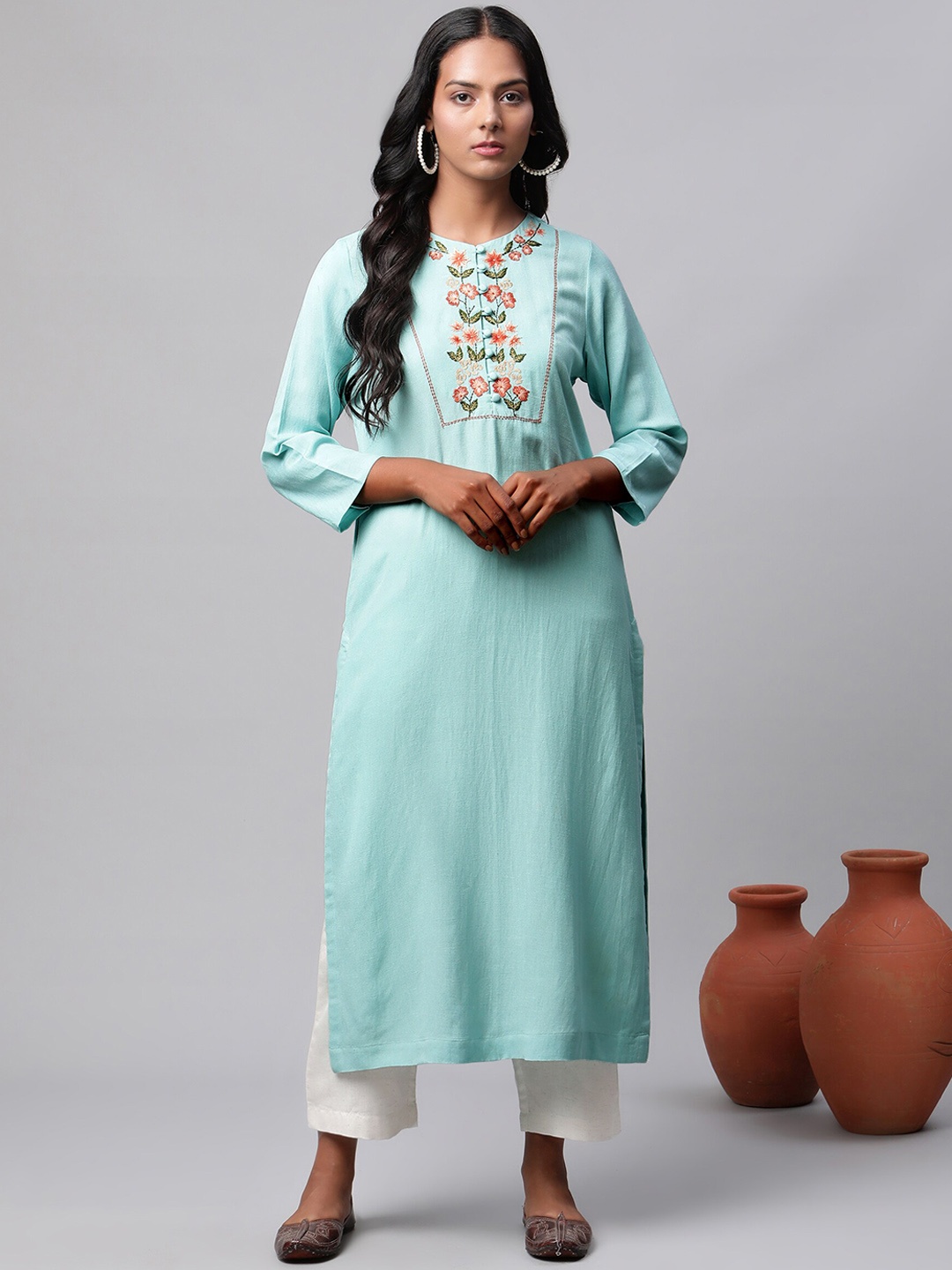 

Linen Club Woman Women Turquoise Blue Embroidered Kurta