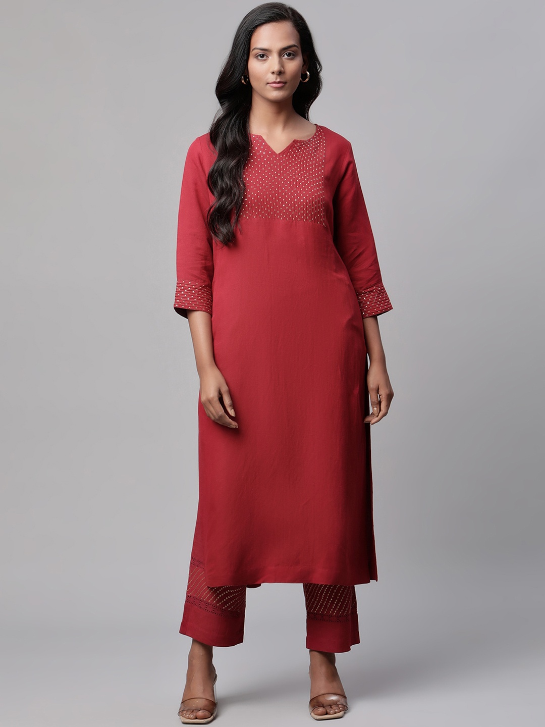 

Linen Club Woman Women Maroon Yoke Design Linen Kurta