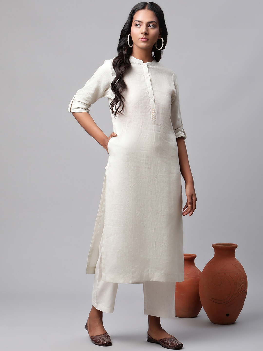 

Linen Club Woman Women Off White Mandarin Collar Linen Sustainable Kurta