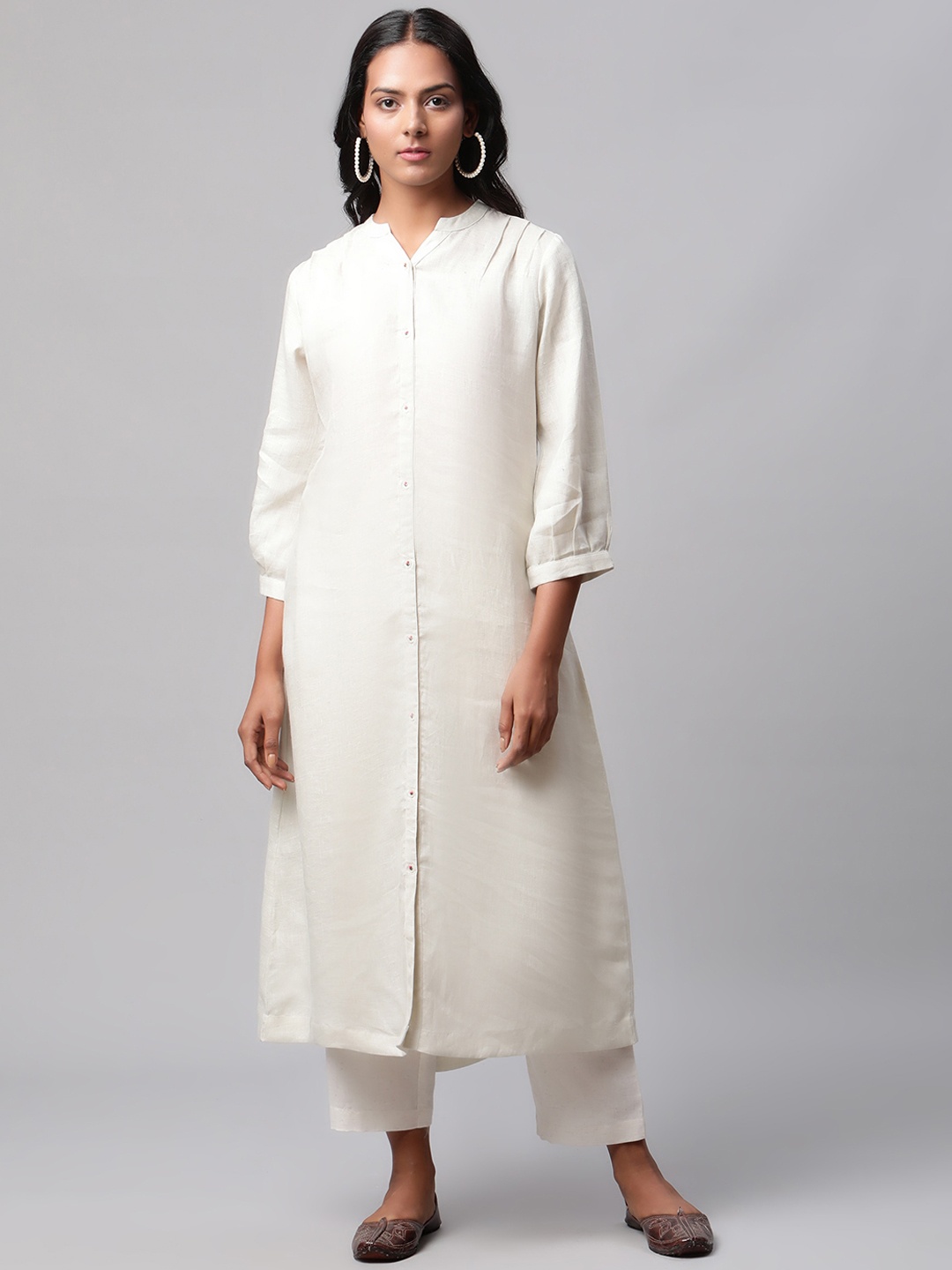 

Linen Club Woman Women White Mandarin Collar Linen A-Line Kurta