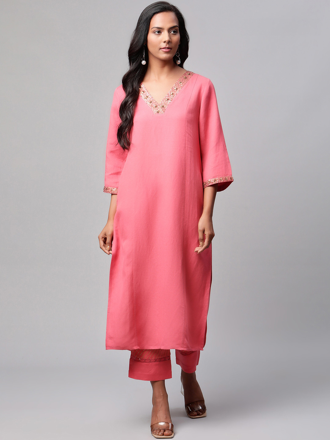 

Linen Club Woman Women Pink V-Neck Linen Sustainable Kurta