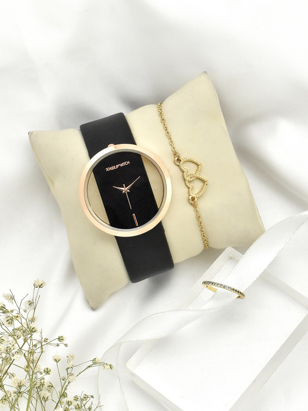 

JOKER & WITCH Women Rose Gold-Toned & Black Sold Watch & Jewellery Gift Set JWLT463