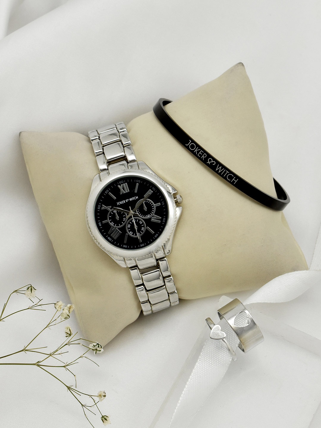 

JOKER & WITCH Women Silver -Toned & Black Solid Watch & Jewellery Gift Set JWLT514