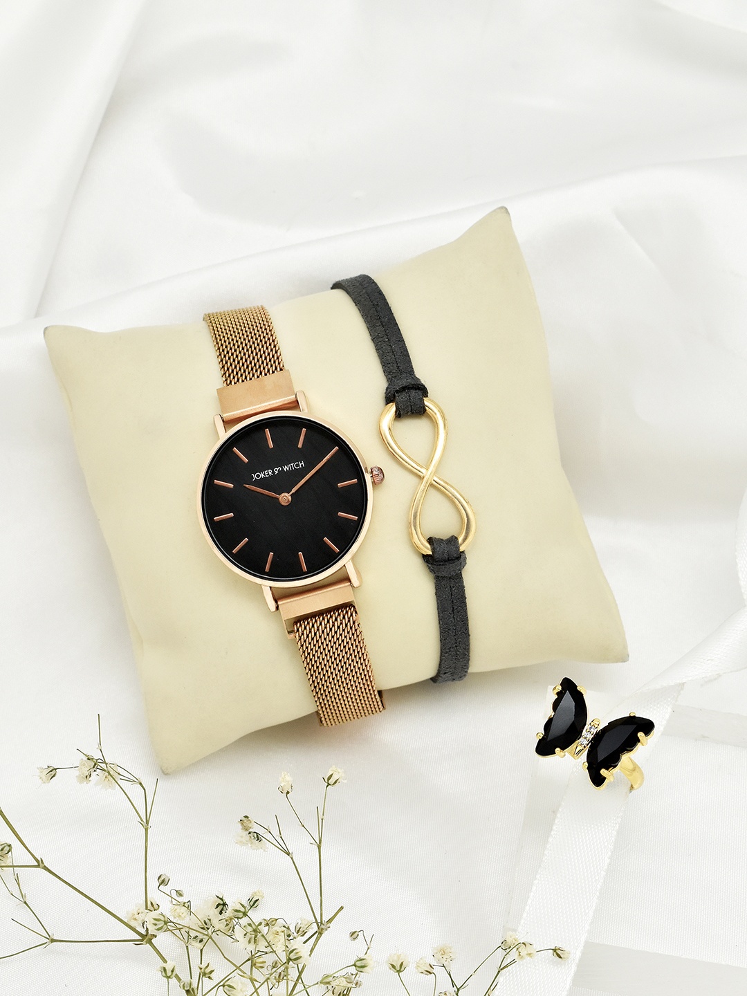 

JOKER & WITCH Women Rose Gold-Toned & Black Solid Watch & Jewellery Gift Set