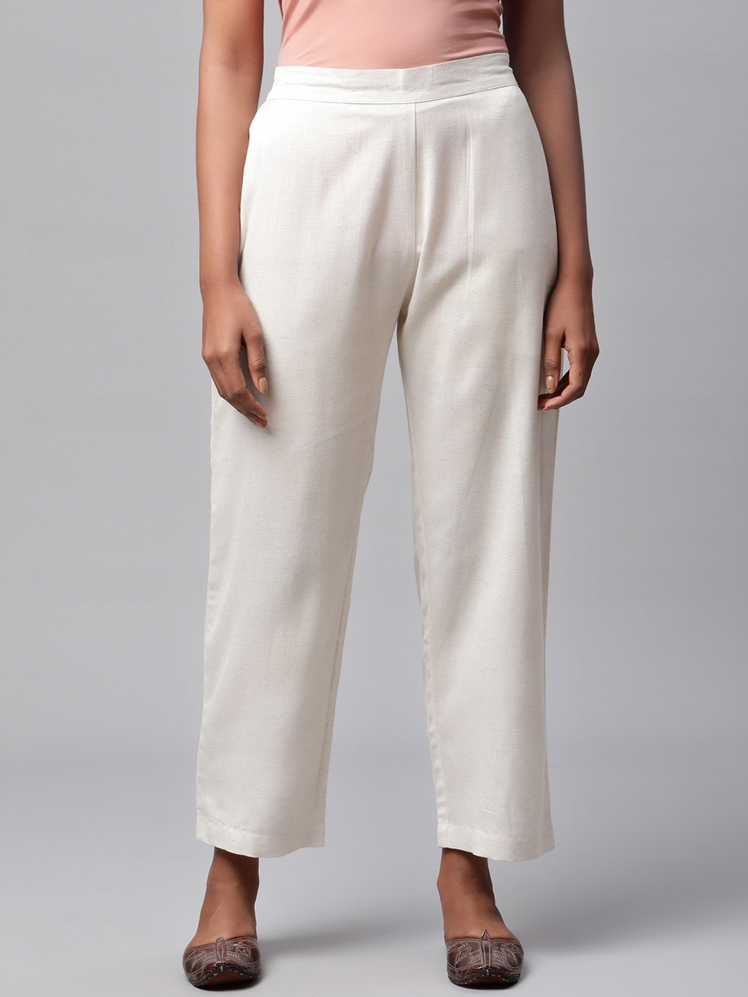 

Linen Club Woman Women Off White Solid Straight-Fit Linen Lounge Pants