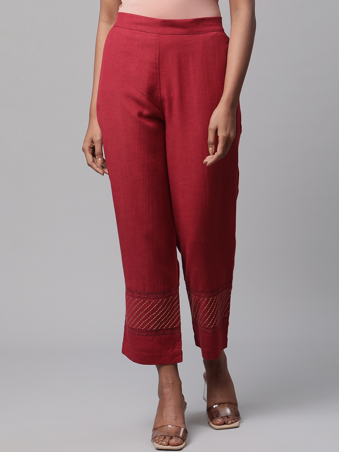 

Linen Club Woman Maroon Solid Sustainable Cigarette Trousers