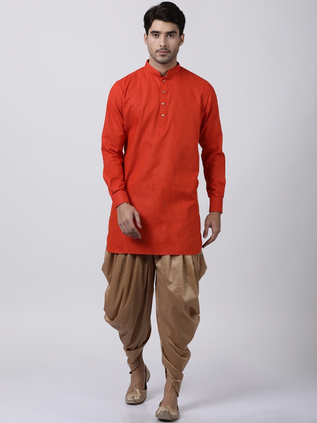 

VASTRAMAY Men Red Solid Straight Kurta with Dhoti Pants