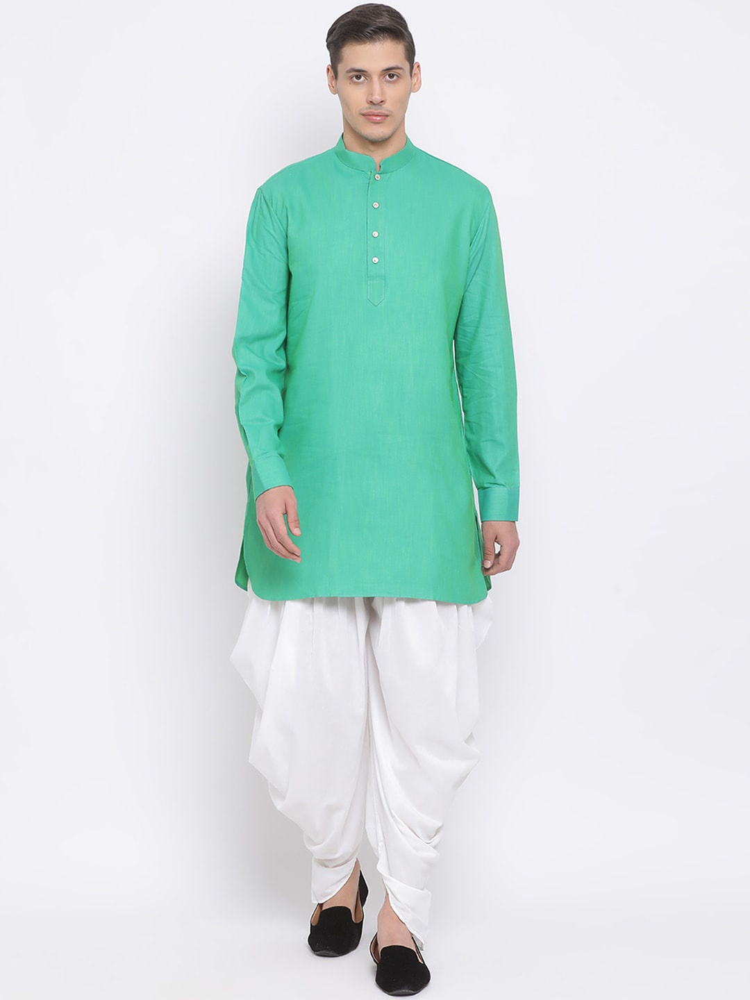 

VASTRAMAY Men Green & White Kurta with Dhoti Pants