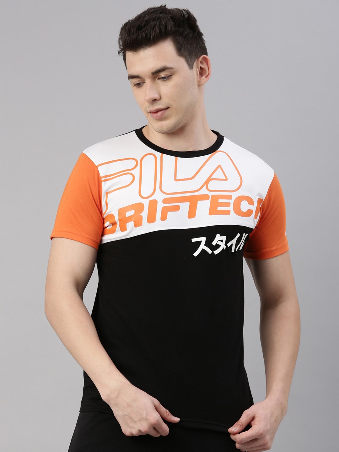 

FILA Men Black Colourblocked Organic Cotton Applique Training or Gym T-shirt