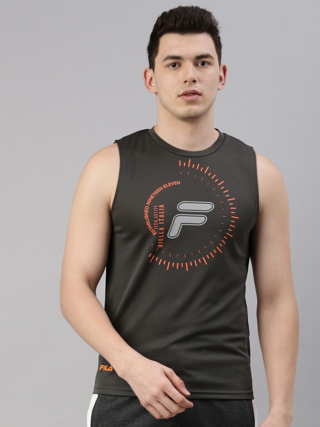 

FILA Men Grey Typography Printed Organic Cotton Training or Gym T-shirt