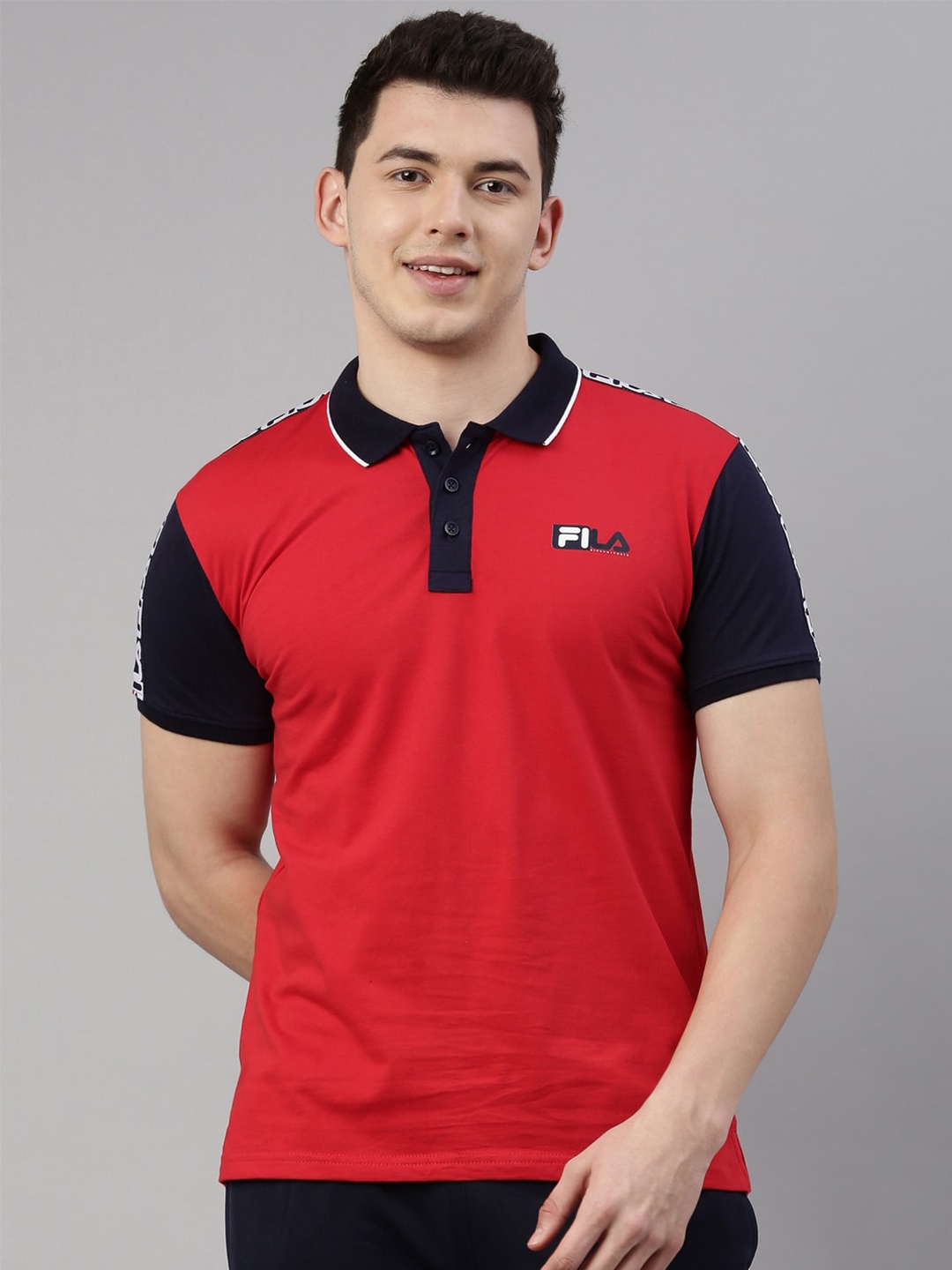 

FILA Men Red Colourblocked Polo Collar Organic Cotton Applique Training or Gym T-shirt