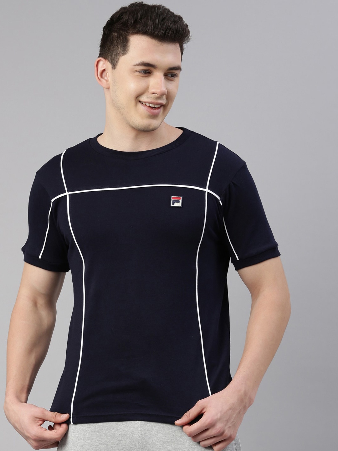 

FILA Men Blue Colourblocked Organic Cotton Applique Training or Gym T-shirt