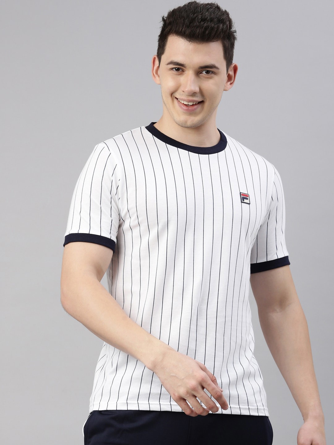 

FILA Men White Striped Organic Cotton Training or Gym T-shirt