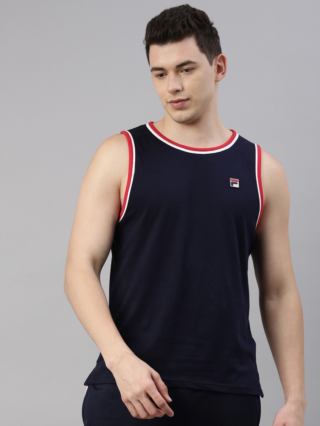 

FILA Men Blue Organic Cotton Applique Training or Gym T-shirt
