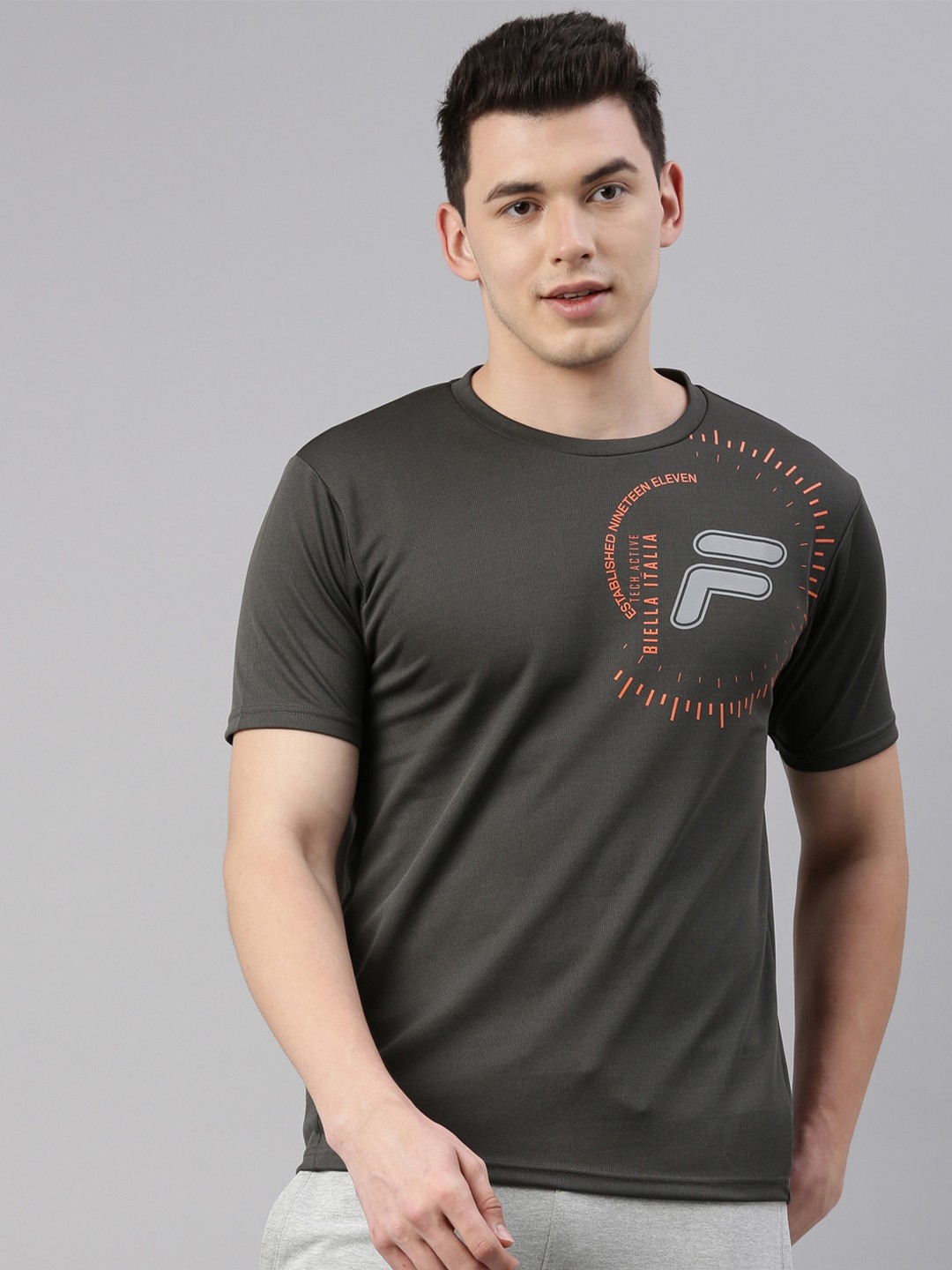 

FILA Men Grey Typography Printed Organic Cotton Applique Training or Gym T-shirt