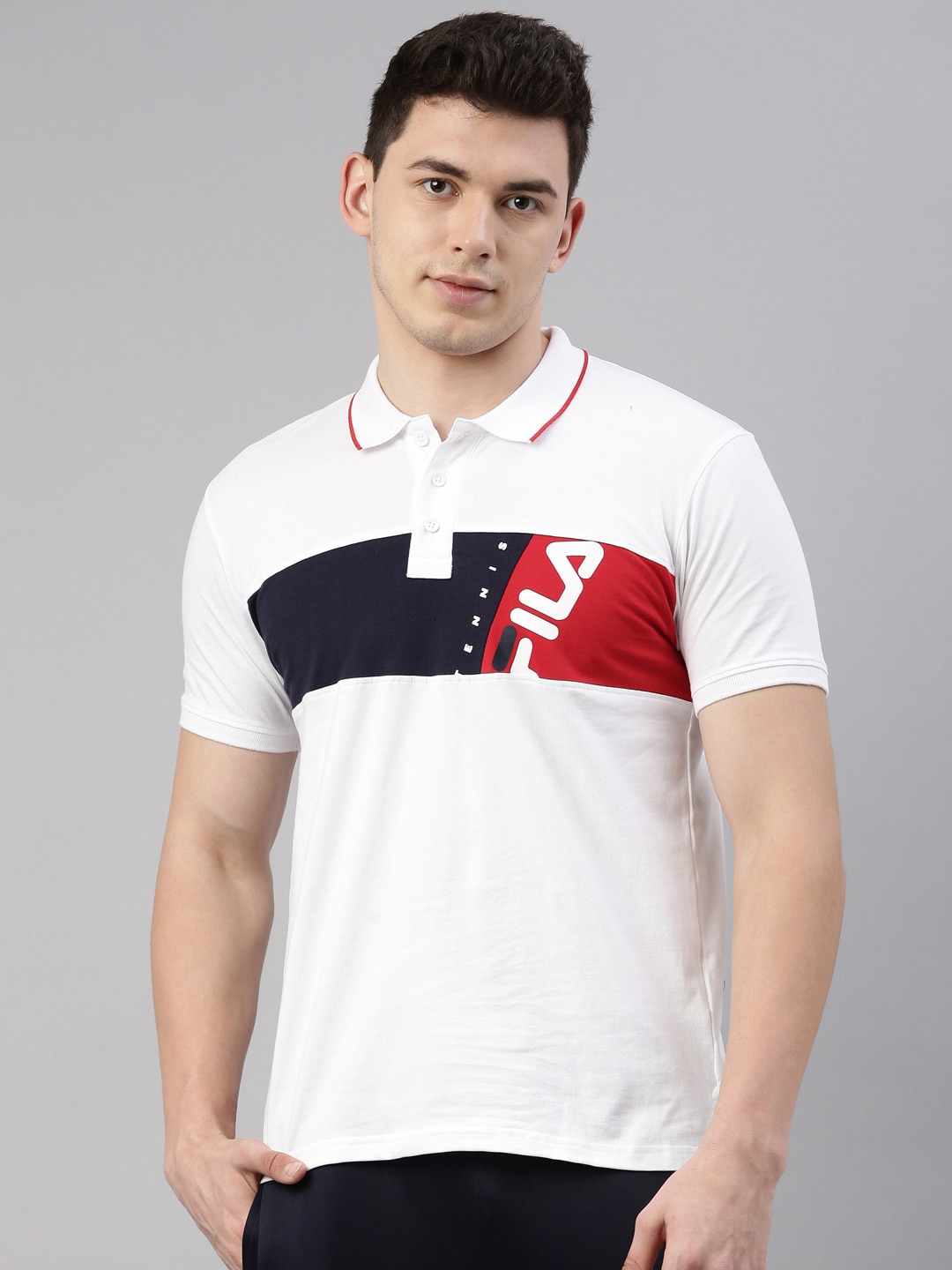 

FILA Men White Colourblocked Polo Collar Organic Cotton Applique Training or Gym T-shirt