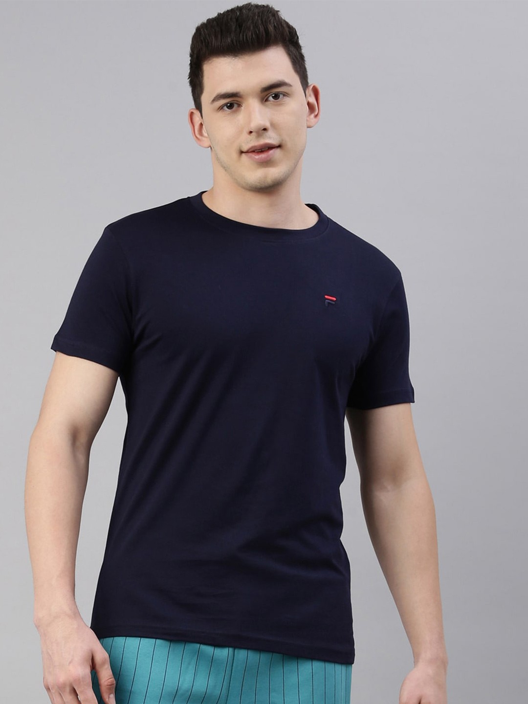 

FILA Men Blue Organic Cotton Applique Training or Gym T-shirt