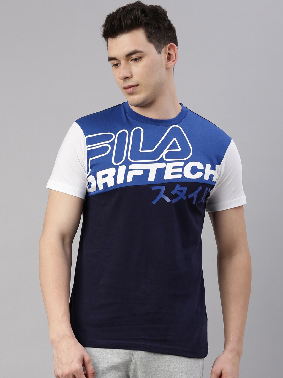 

FILA Men Blue Printed Organic Cotton Applique Training or Gym T-shirt