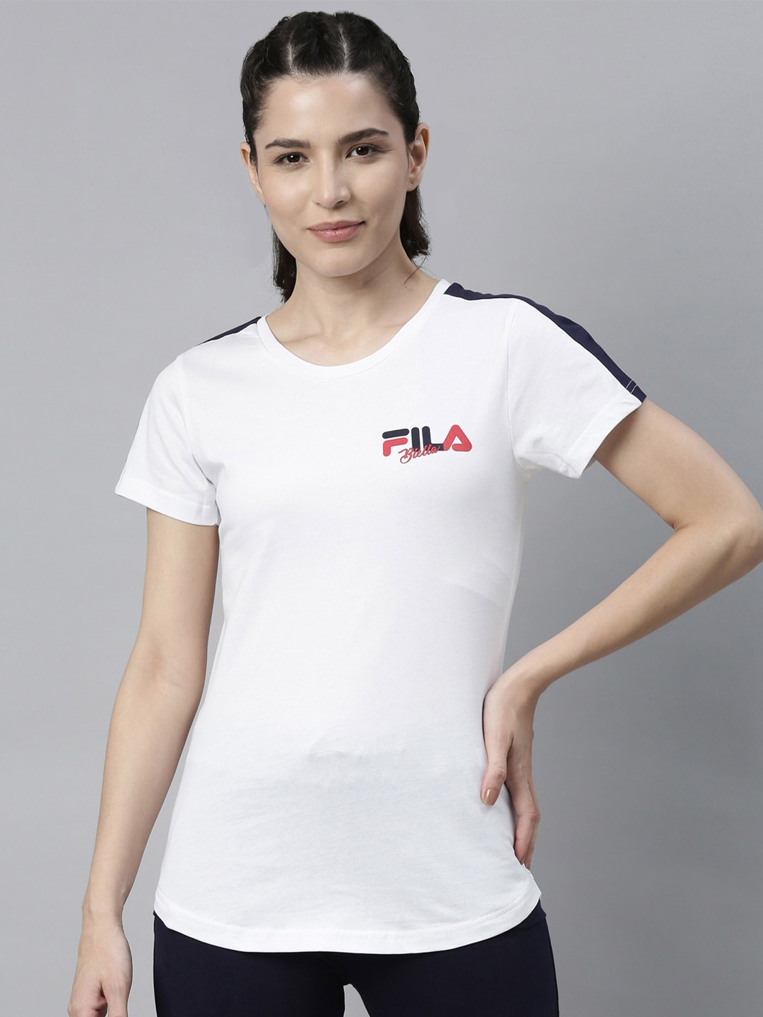 

FILA Women White Organic Cotton Applique Training or Gym T-shirt