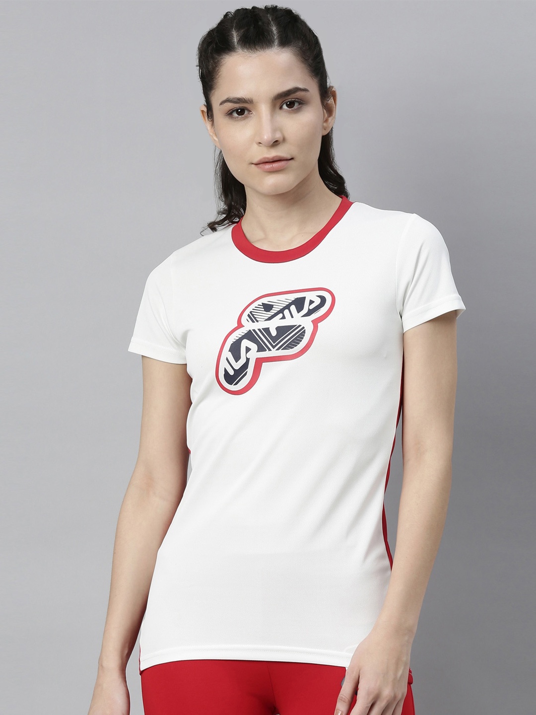

FILA Women White Typography Printed Organic Cotton Applique Training or Gym T-shirt