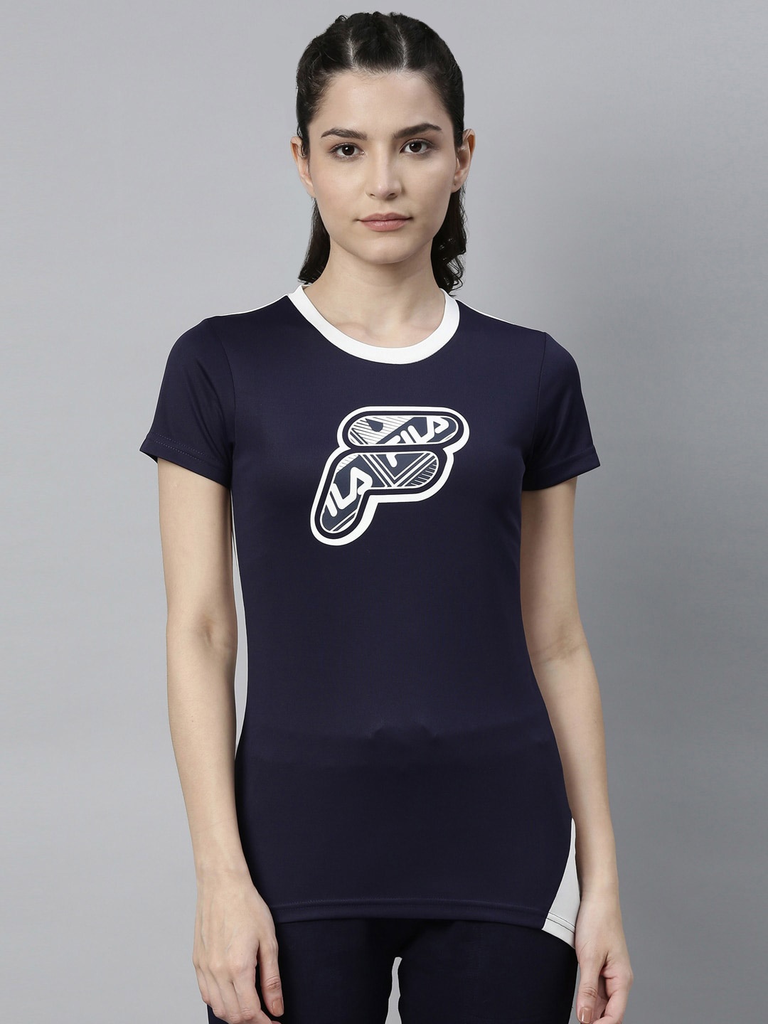 

FILA Women Blue Typography Printed Organic Cotton Training or Gym T-shirt
