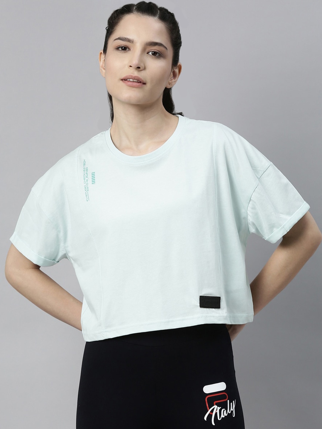 

FILA Blue Women Solid Pure Cotton Top