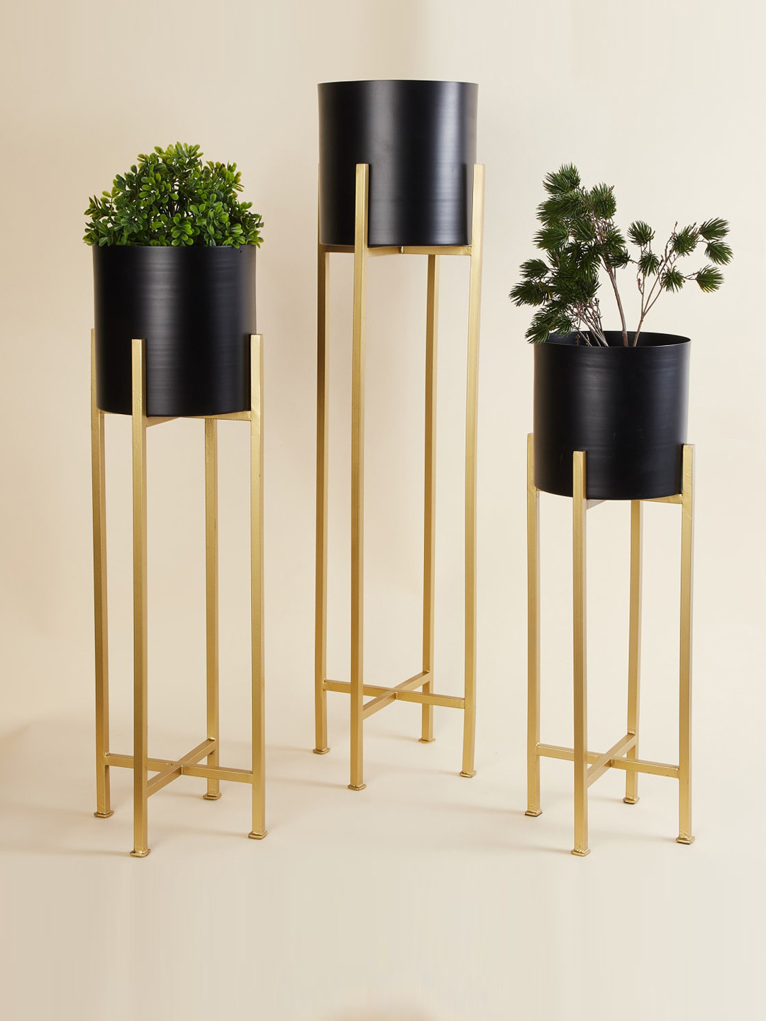

Home Centre Set of 3 Black & Gold Solid Metal Planters With Stand