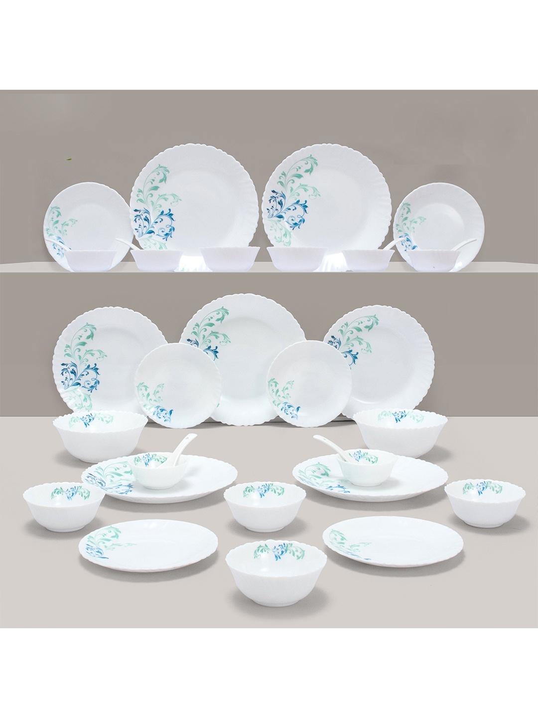 

Athome by Nilkamal 33 Pieces White & Blue Pieces Printed Stainless Steel Glossy Dinner Set