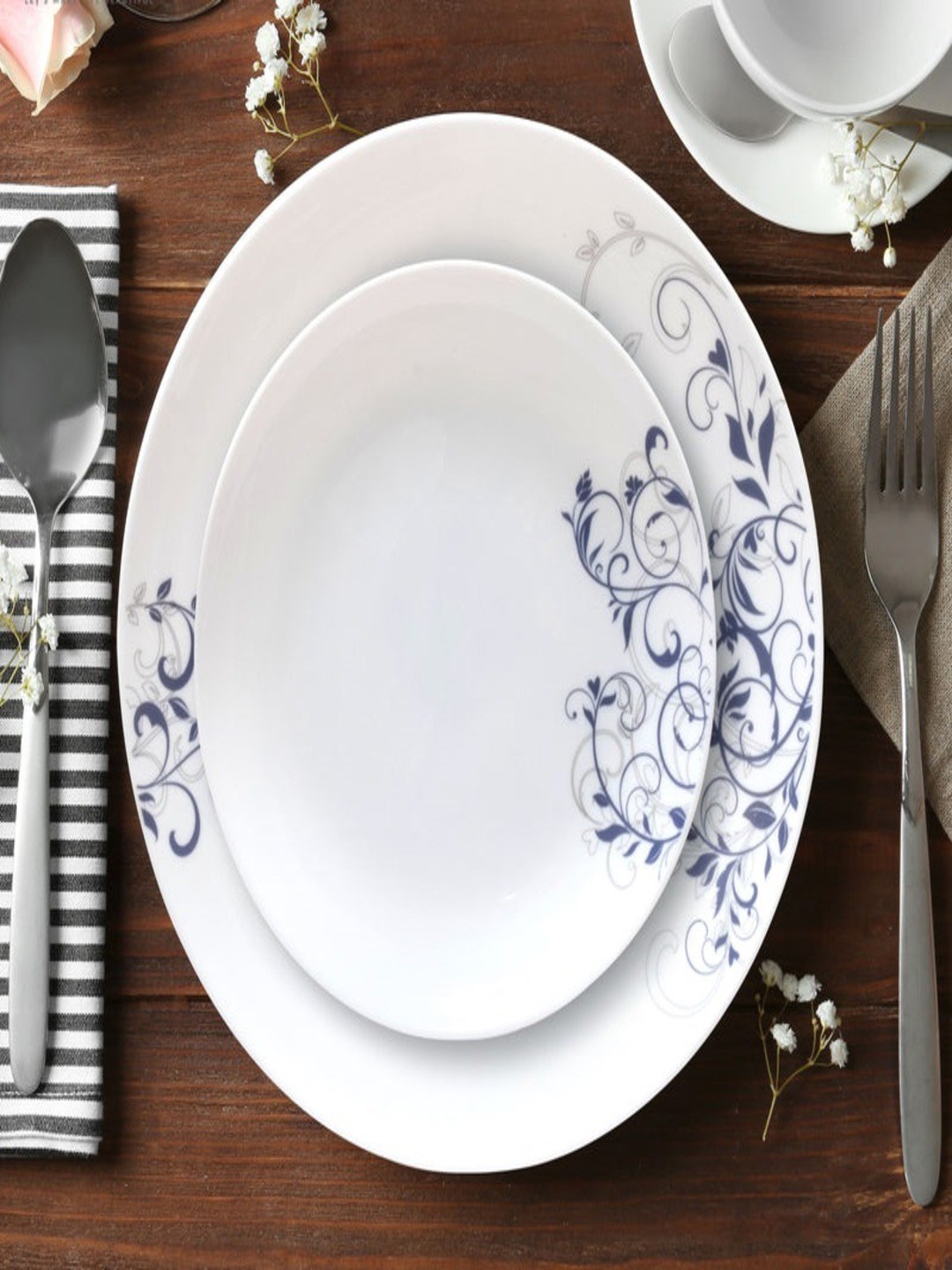

Athome by Nilkamal White Set of 14 Pieces Printed Stainless Steel Glossy Dinner Set
