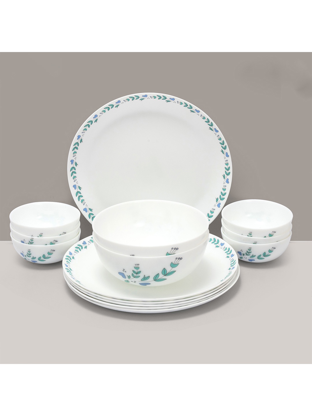 

Athome by Nilkamal White & Blue & 14 Pieces Printed Opalware Glossy Dinner Set