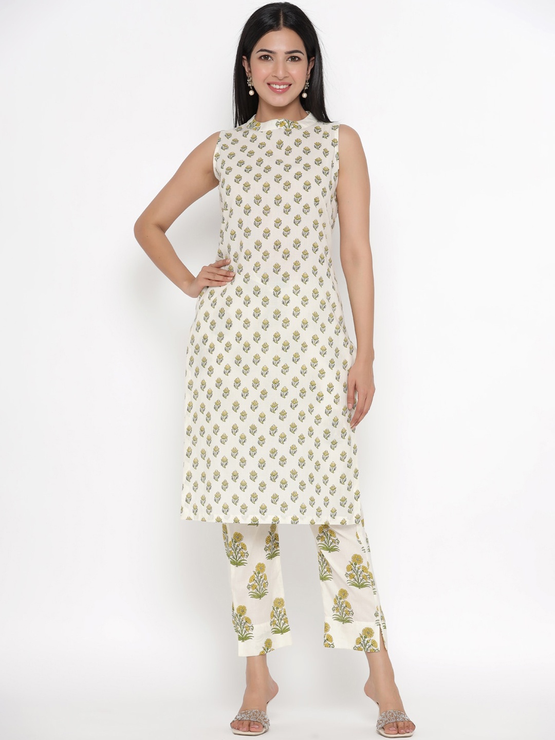 

PINKVILLE JAIPUR Women Cream-Coloured Floral Printed Pure Cotton Kurta with Trousers