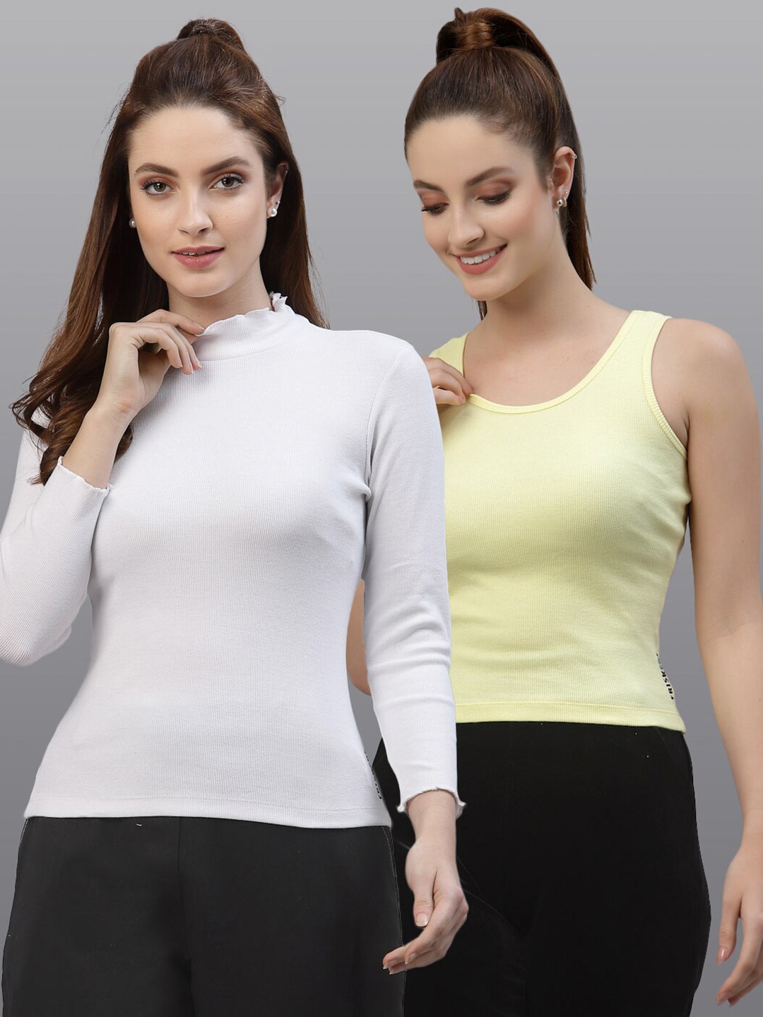 

Friskers Women White & Yellow Top Pack Of 2