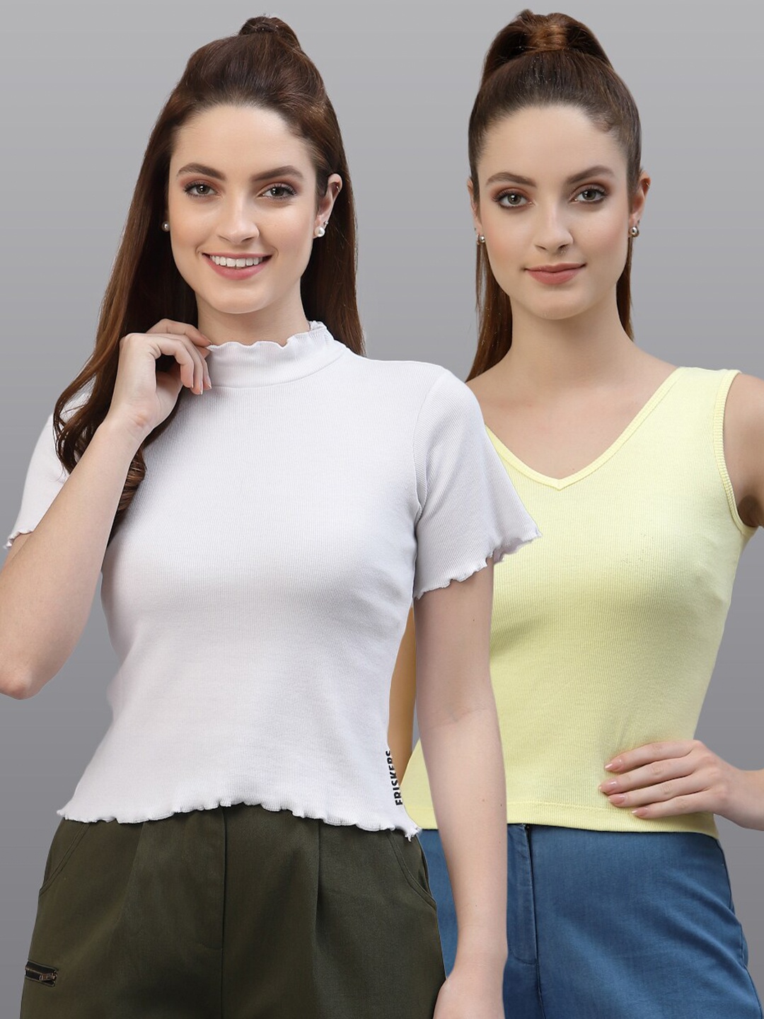 

Friskers Pack of 2 White & Yellow Fitted Tops