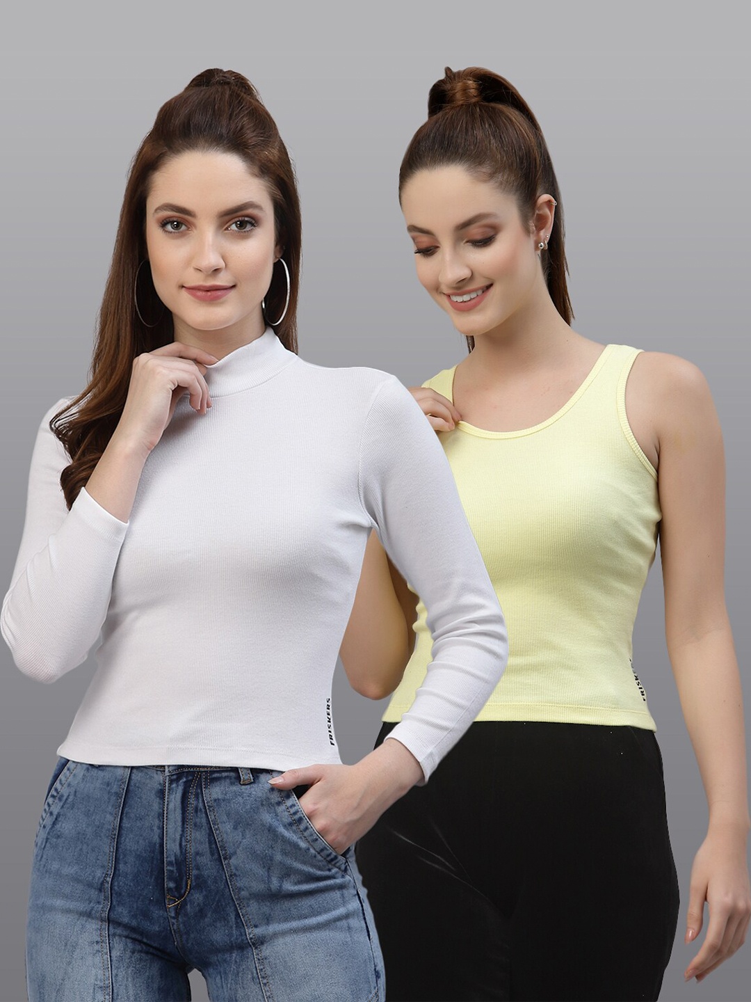

Friskers Women White & Yellow Top Pack Of 2
