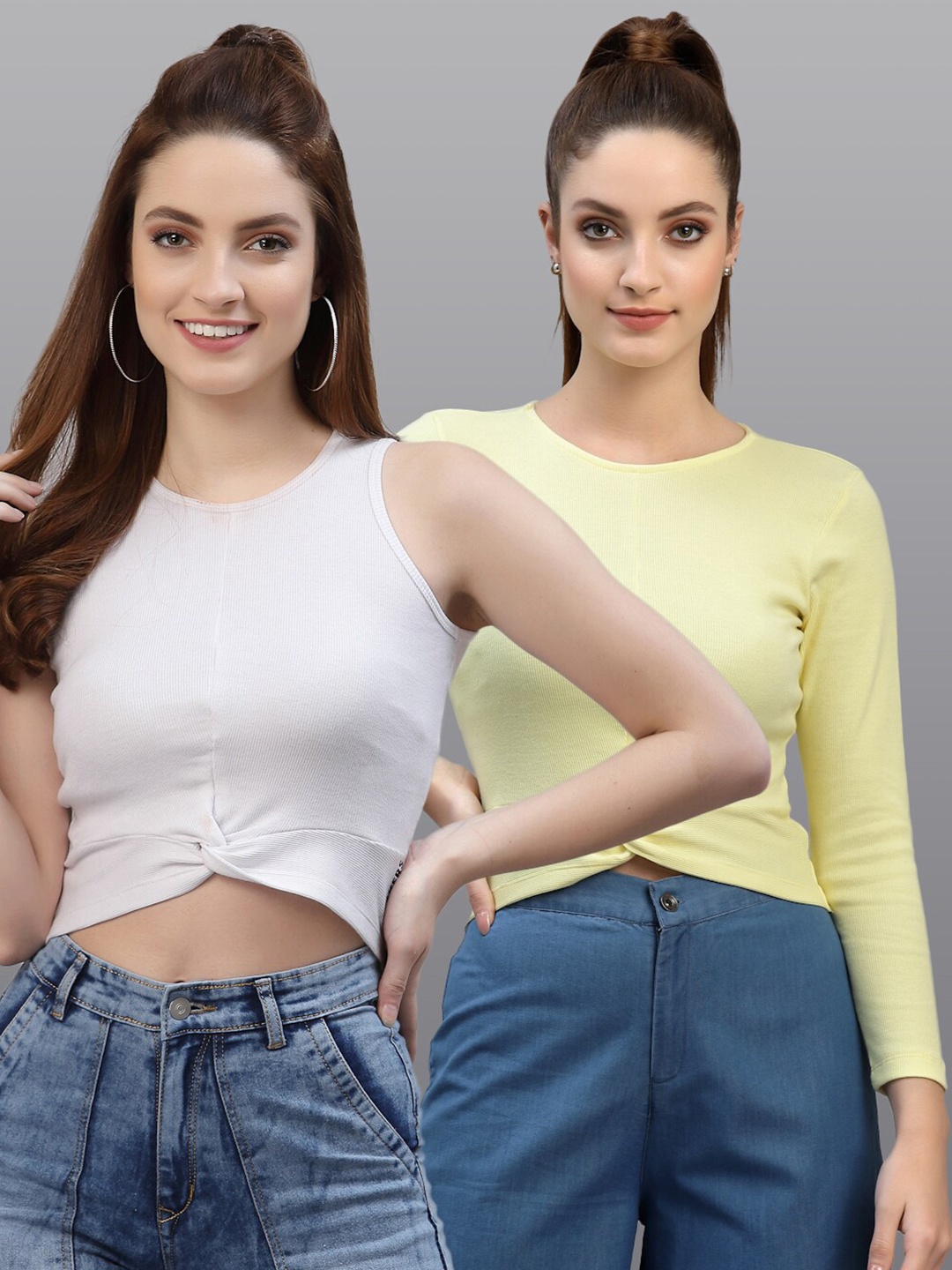 

Friskers Pack of 2 White & Yellow Fitted Twisted Tops