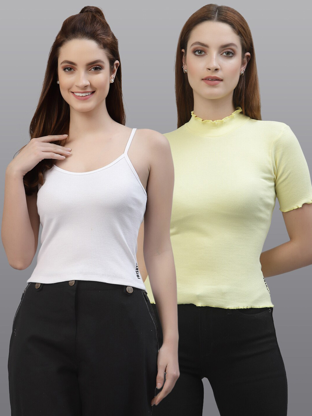 

Friskers Women White & Yellow Top Pack Of 2