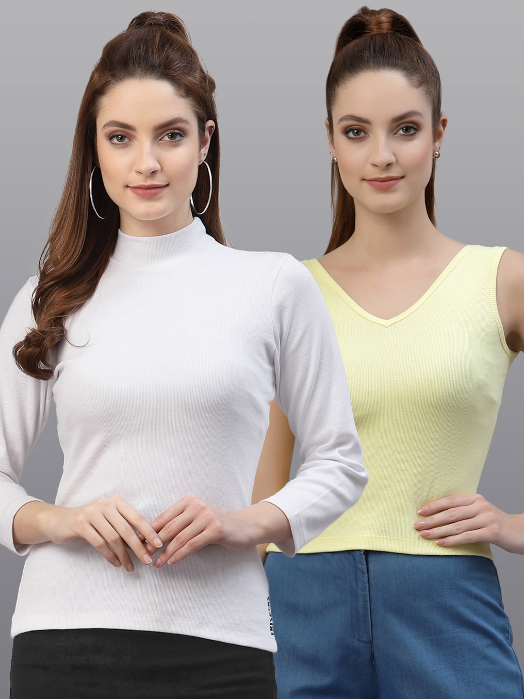 

Friskers Women White & Yellow Top Pack Of 2