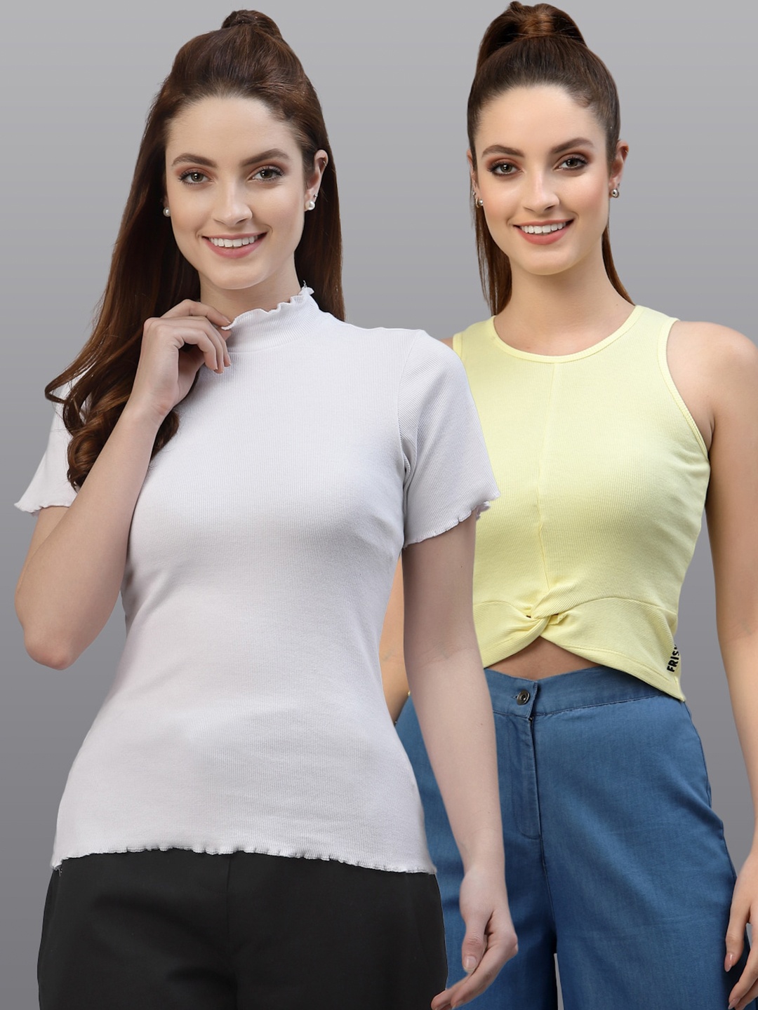 

Friskers Women White & Yellow Top Pack Of 2