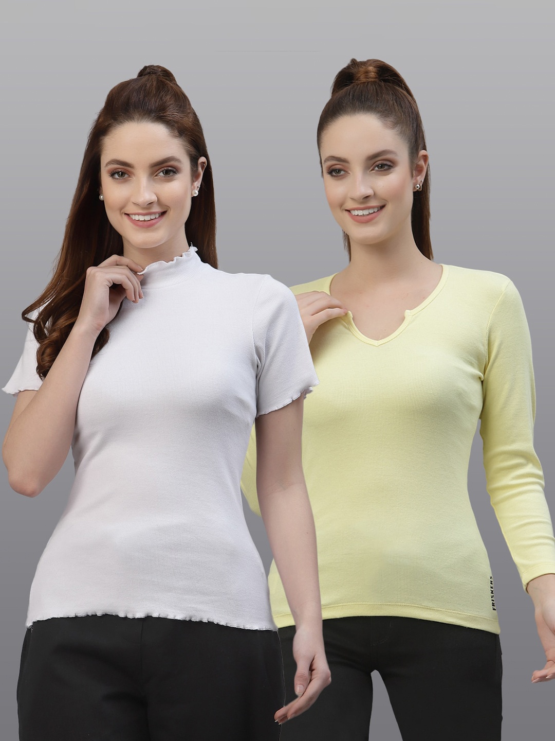 

Friskers Pack of 2 White & Yellow Fitted Tops
