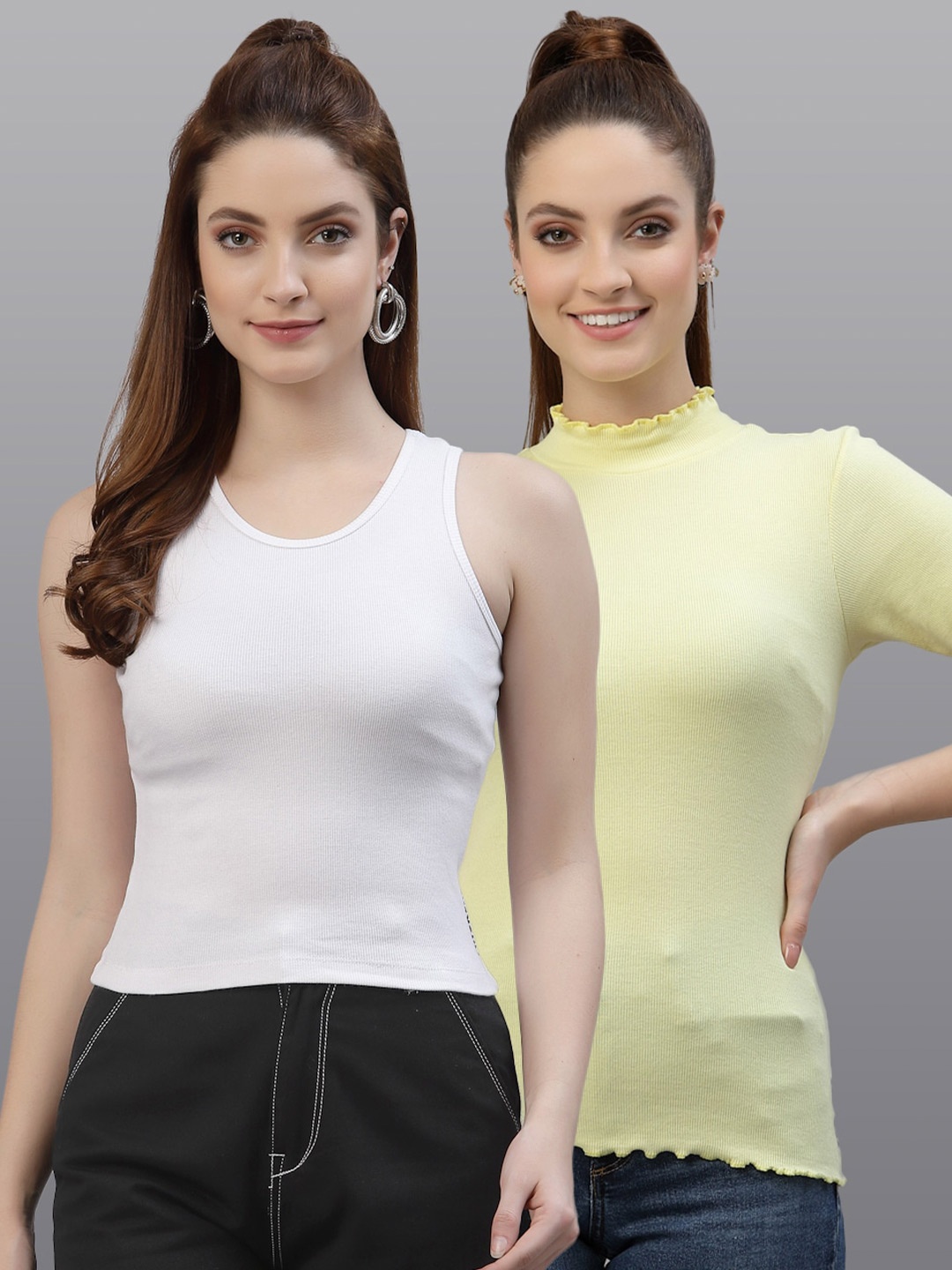 

Friskers Women White & Yellow Top Pack Of 2