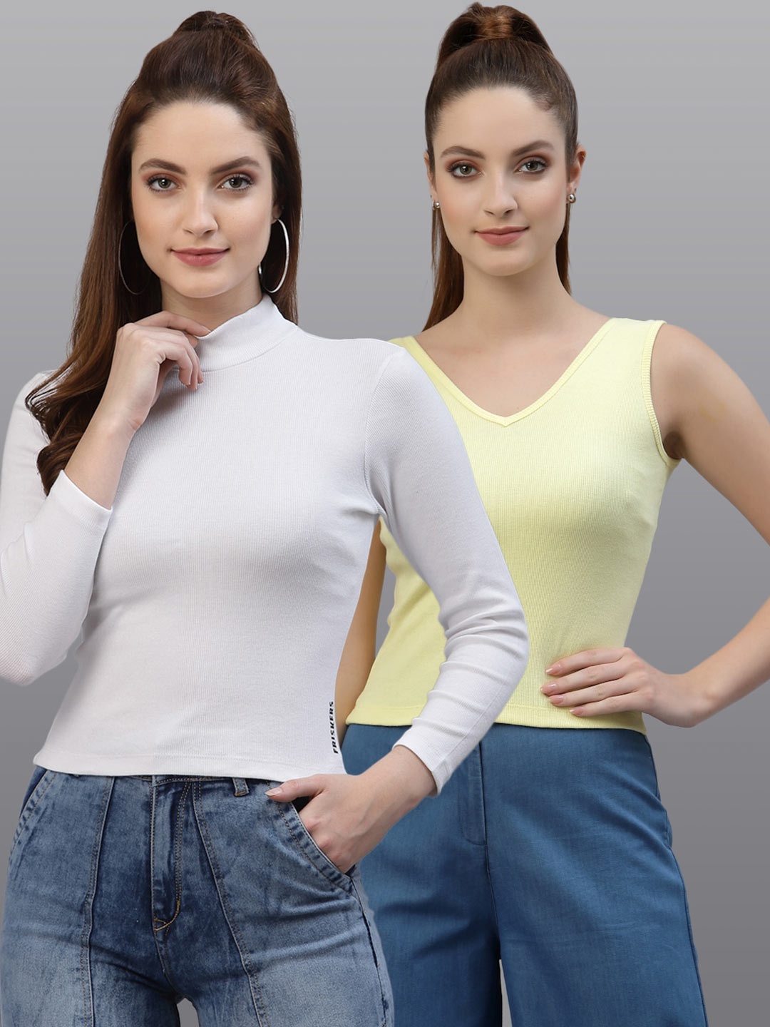 

Friskers Pack of 2 White & Yellow Fitted Tops