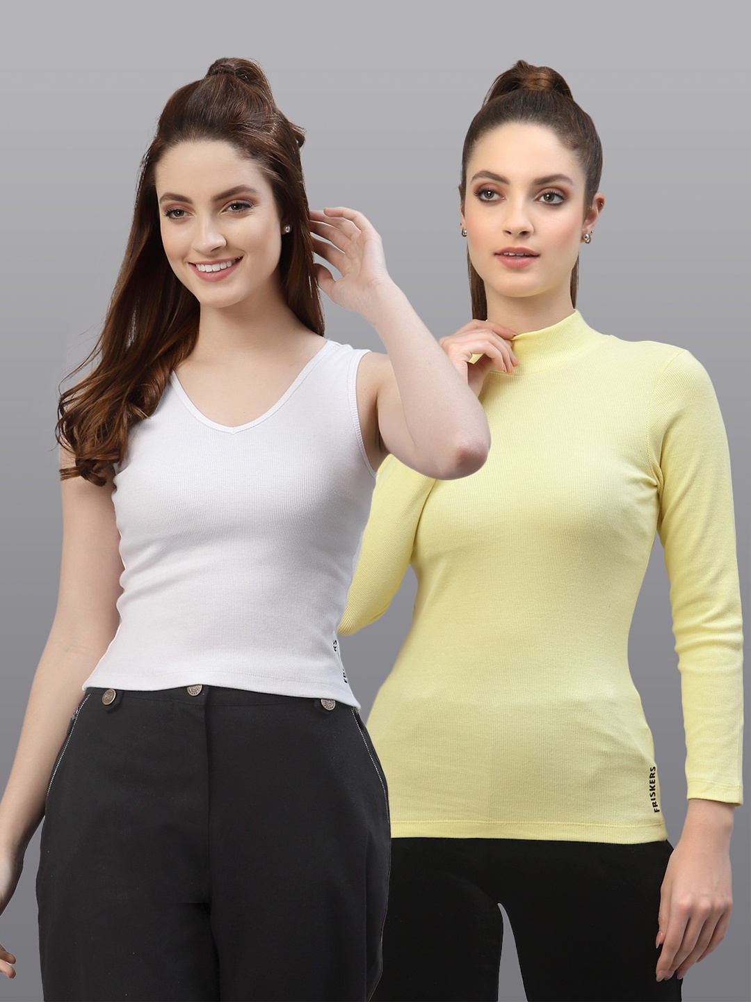 

Friskers Women White & Yellow Top Pack Of 2