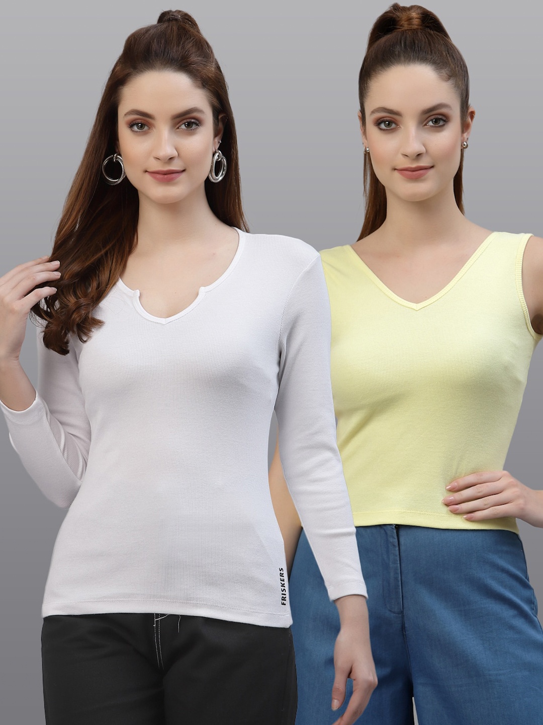 

Friskers Pack of 2 White & Yellow Fitted Tops
