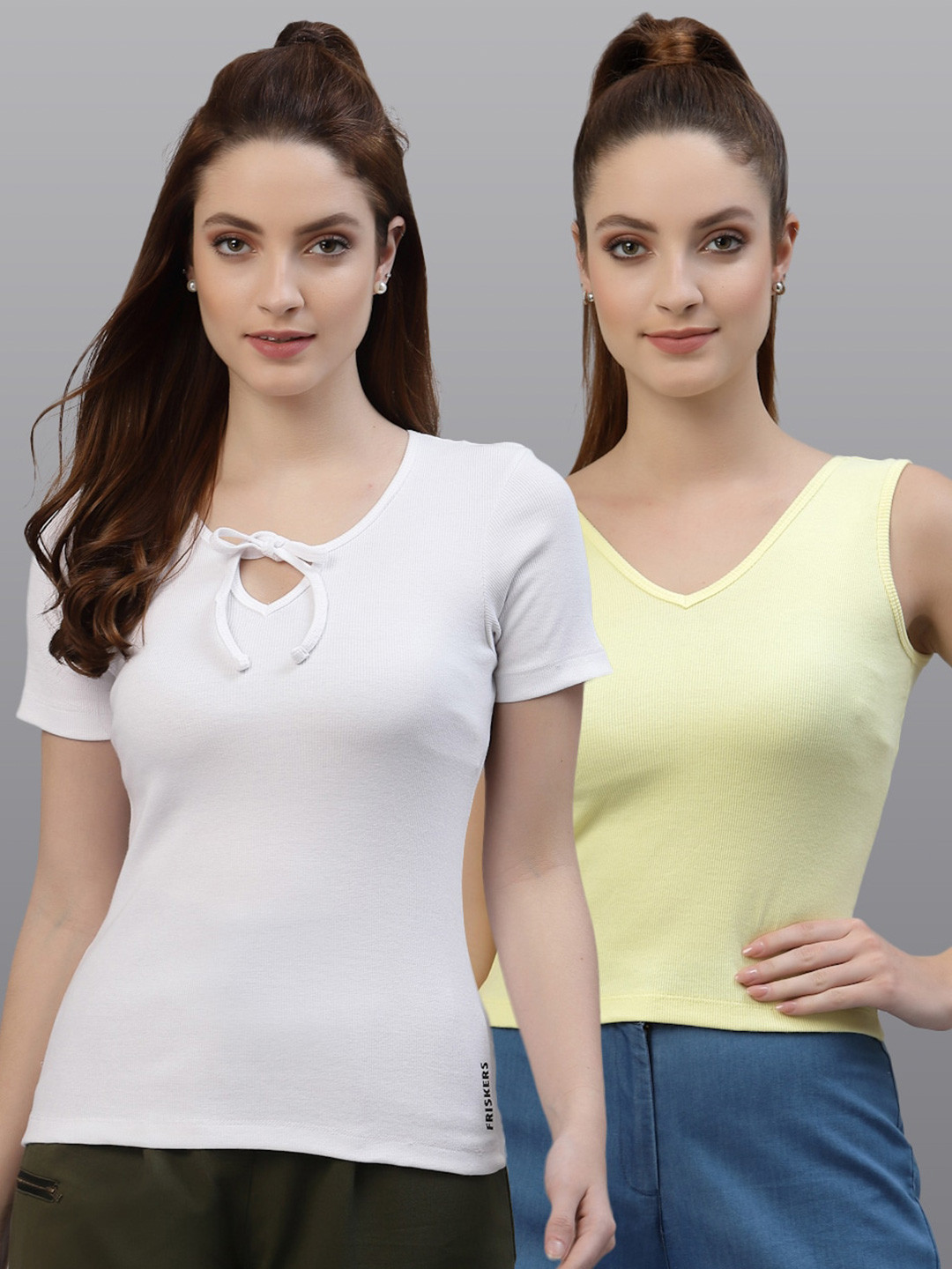 

Friskers Women White & Yellow Top Pack Of 2