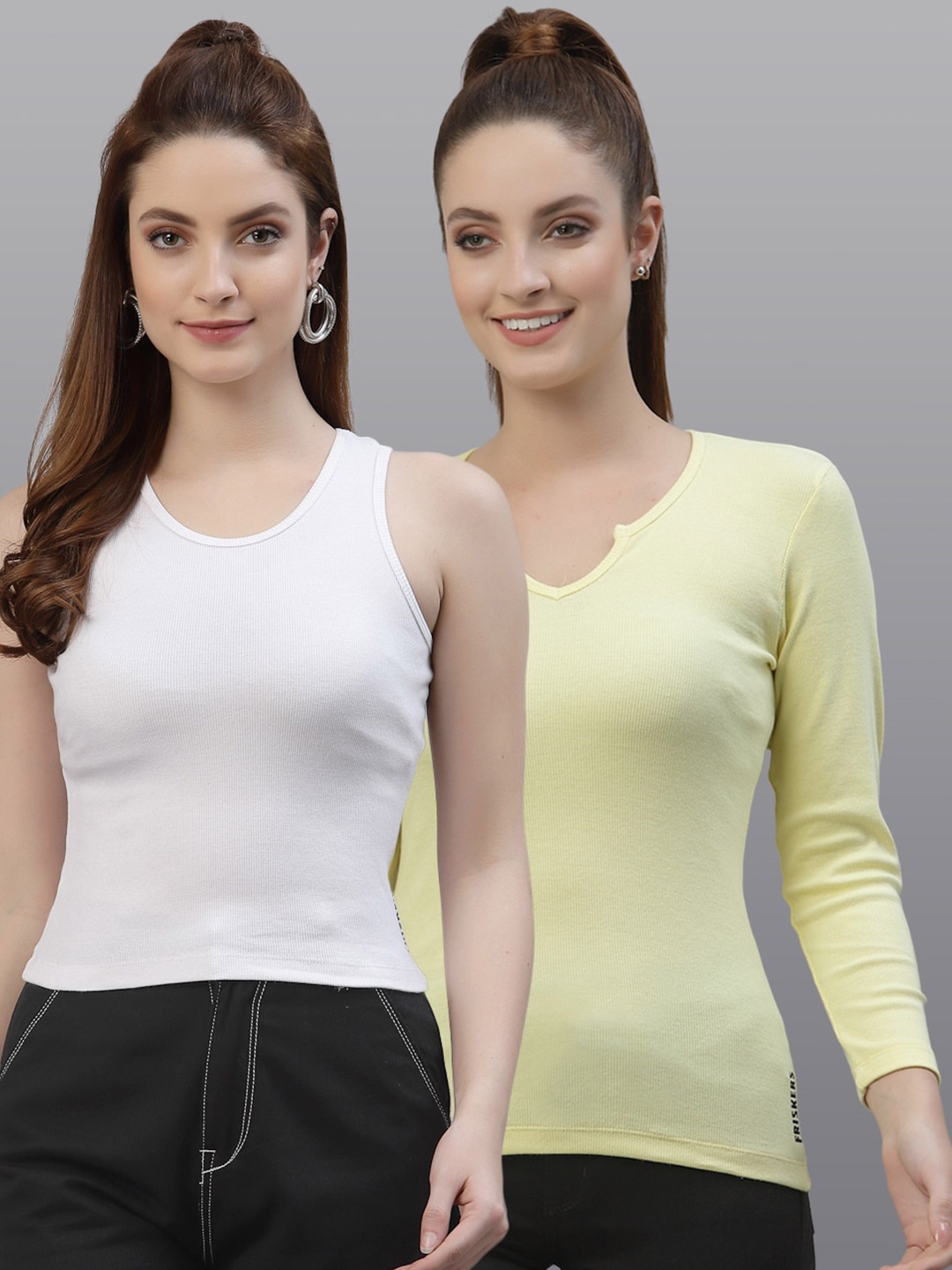 

Friskers Pack Of 2 White & Yellow Solid Tank Tops